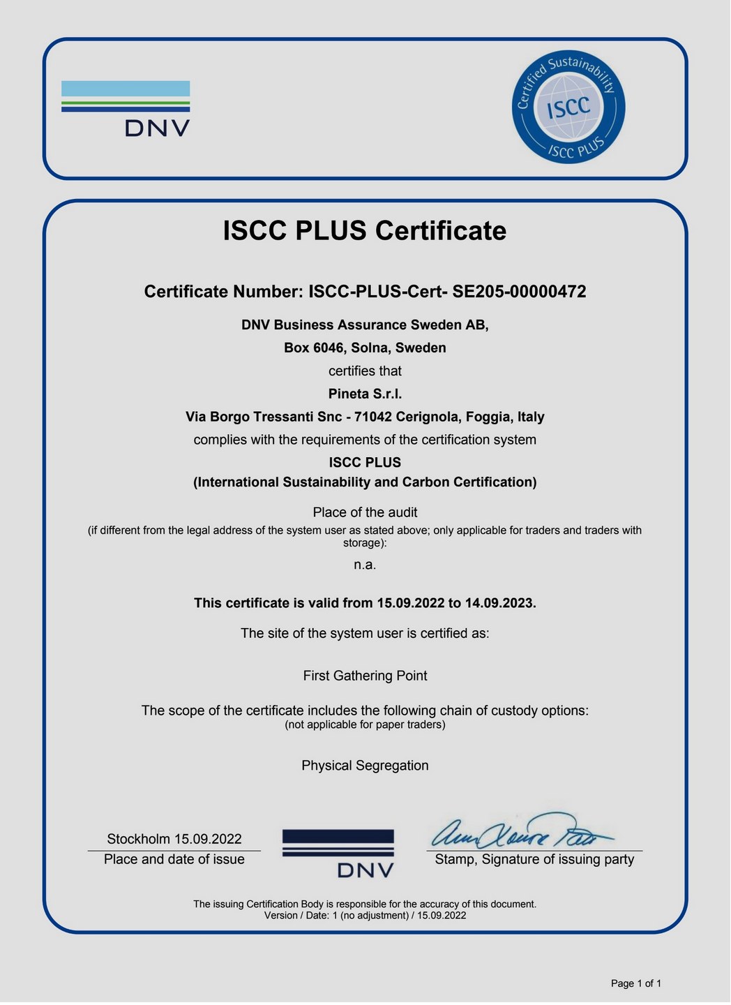 Anteprima del certificato ISCC PLUS